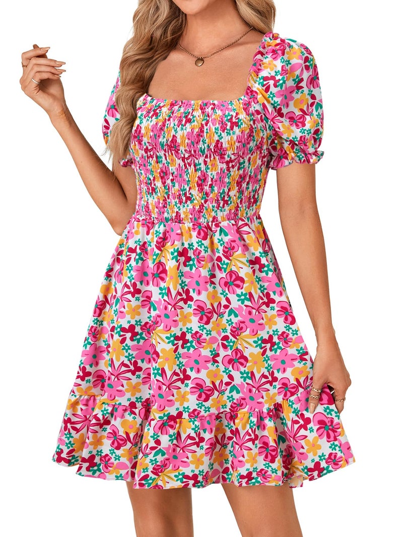 Rooscier Women's Summer Boho Square Neck Floral Print Smocked Ruffle Swing Beach Mini Dress Rose Floral Medium - Image 3