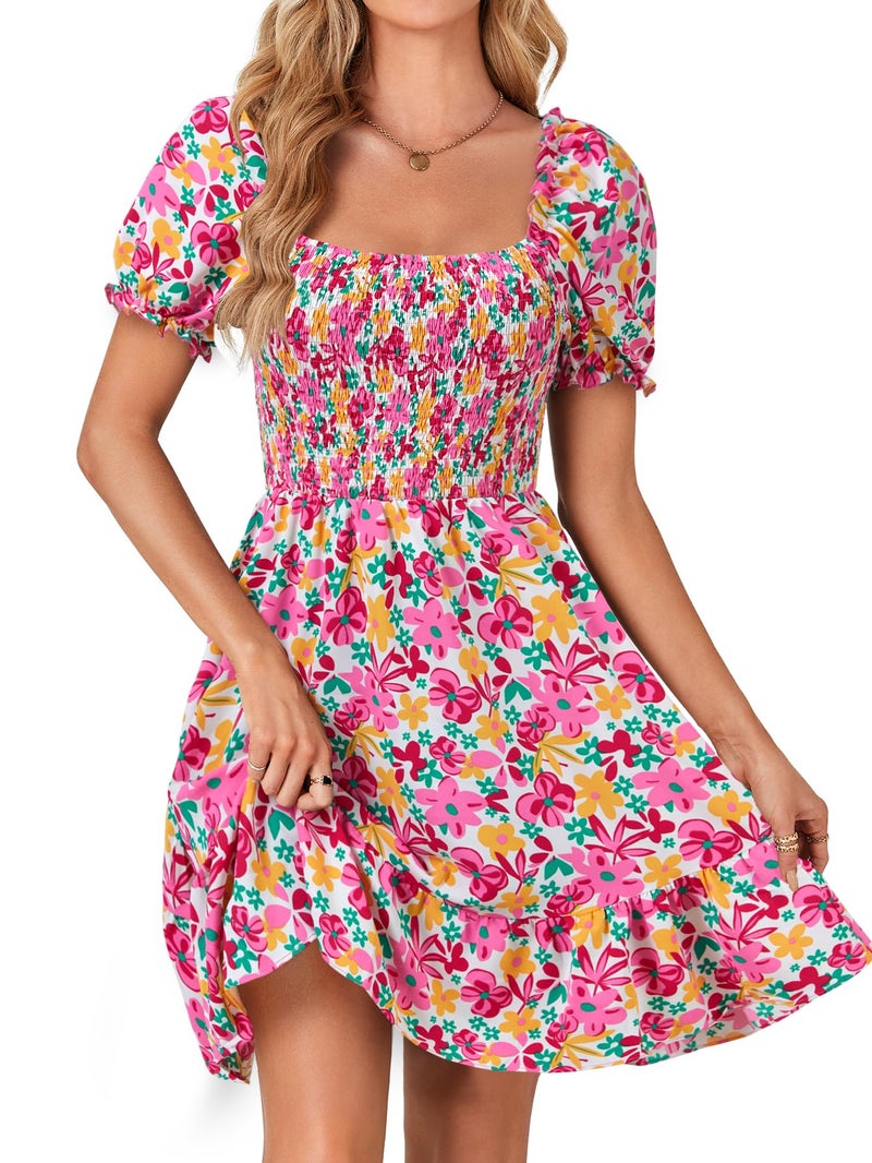 Rooscier Women's Summer Boho Square Neck Floral Print Smocked Ruffle Swing Beach Mini Dress Rose Floral Medium - Image 1