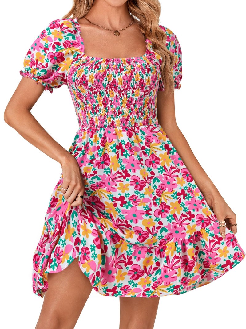 Rooscier Women's Summer Boho Square Neck Floral Print Smocked Ruffle Swing Beach Mini Dress Rose Floral Medium - Image 4