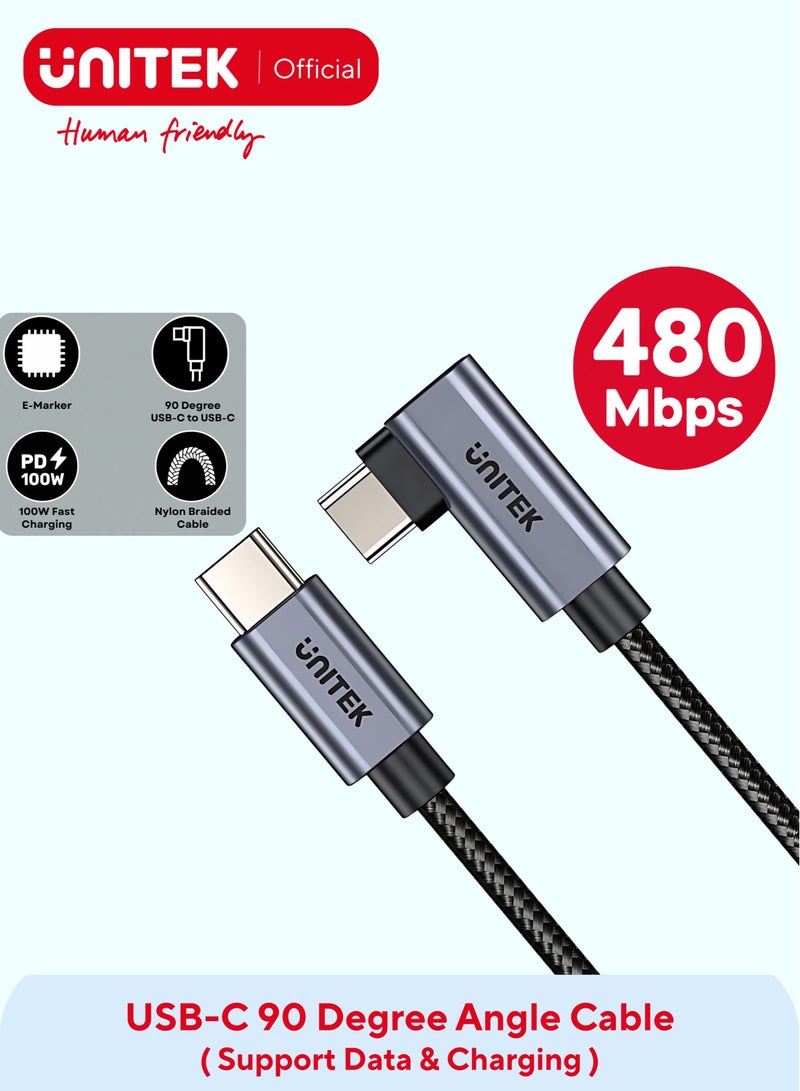 UNITEK كابل Unitek C14123BK USB-C إلى USB-C، 90 درجة، على شكل حرف L، شحن PD 100 وات، أسود. - Image 1