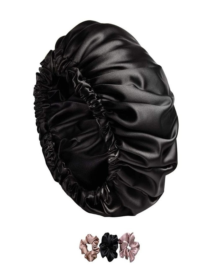 Libea Satin Silk Hair Bonnet cap with 3 Primium Silk Satin Scrunchies|Satin head cap for sleeping| Satin bonnet for curly hair (black) - Image 1