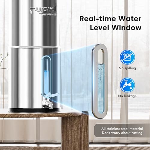 Purewell 1.5G Gravity Water Filter System, 3-Stage 0.01μm Ultra-Filtration Stainless Steel Countertop System with 2 Filters and Stand, Reduce 99% Chlorine, PW-MKS - Image 5