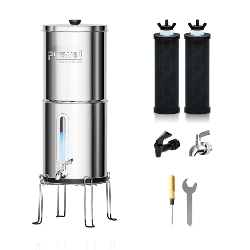 Purewell 1.5G Gravity Water Filter System, 3-Stage 0.01μm Ultra-Filtration Stainless Steel Countertop System with 2 Filters and Stand, Reduce 99% Chlorine, PW-MKS - Image 1