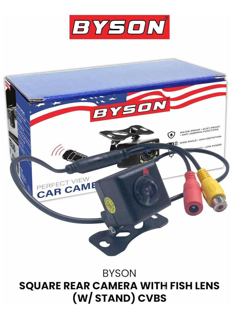 BYSON Square Rear Camera with Fish Lens and Adjustable Stand - Wide Angle CVBS Output, Weather-Resistant Build, Clear Viewing, Easy Installation for Parking and Safety Assistance - Image 1