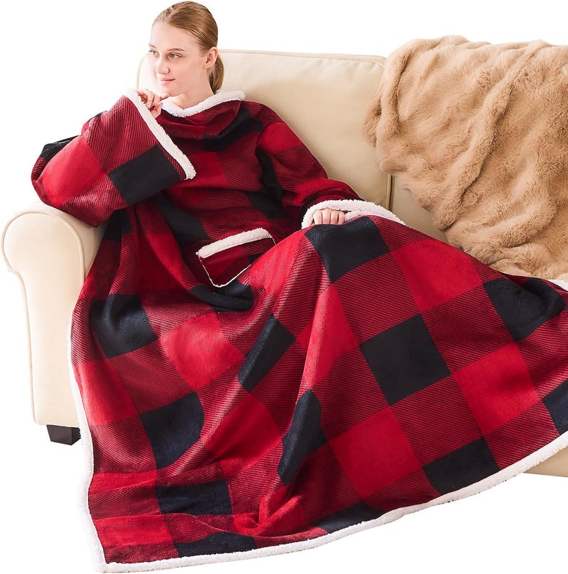 IFNOW Sherpa Wearable Blanket with Sleeves for Women Men Adults, Cozy Wearable Blanket with Arm and Pocket, Warm Full Body TV Wrap Throw blanket, Soft Robe Blanket as Gifts for Mom Wife, Plaid - Image 1