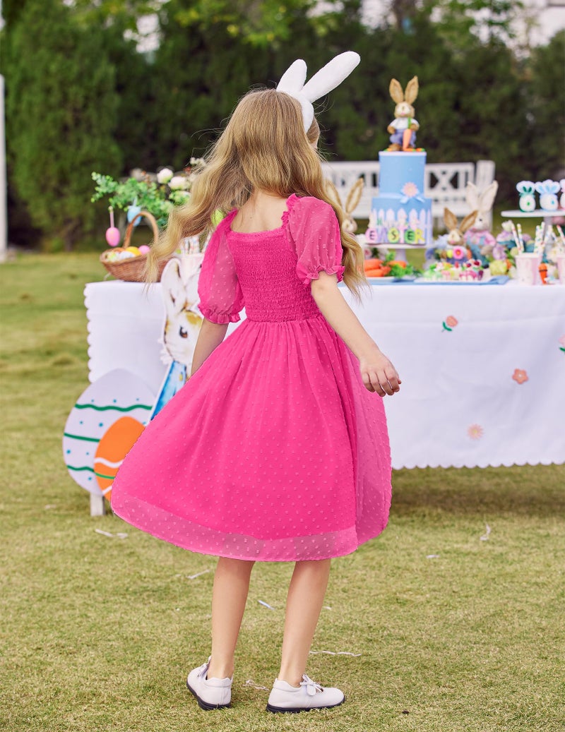 Arshiner Kids Dresses Chiffon Ruffle Short Sleeve Square Neck Summer Birthday Easter Sundress Rose Red 12-13Y - Image 5