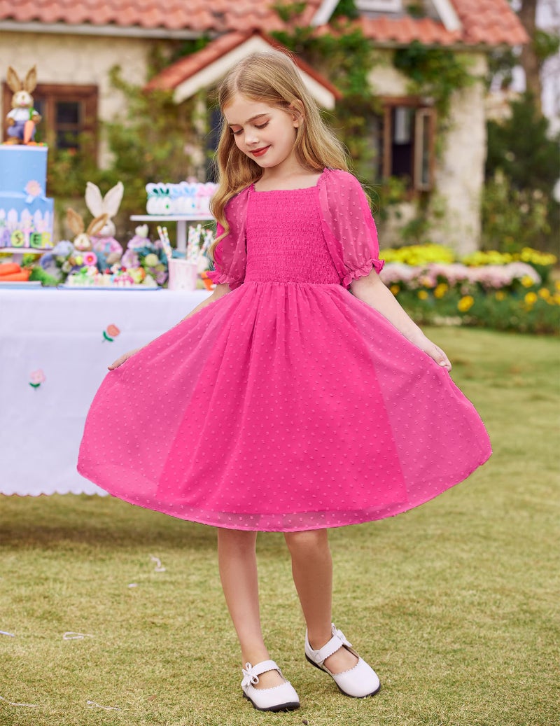 Arshiner Kids Dresses Chiffon Ruffle Short Sleeve Square Neck Summer Birthday Easter Sundress Rose Red 12-13Y - Image 2