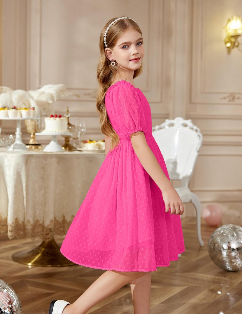 Arshiner Kids Dresses Chiffon Ruffle Short Sleeve Square Neck Summer Birthday Easter Sundress Rose Red 12-13Y - Image 3