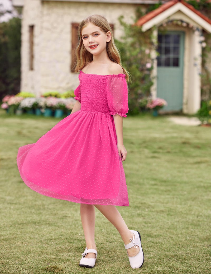 Arshiner Kids Dresses Chiffon Ruffle Short Sleeve Square Neck Summer Birthday Easter Sundress Rose Red 12-13Y - Image 4
