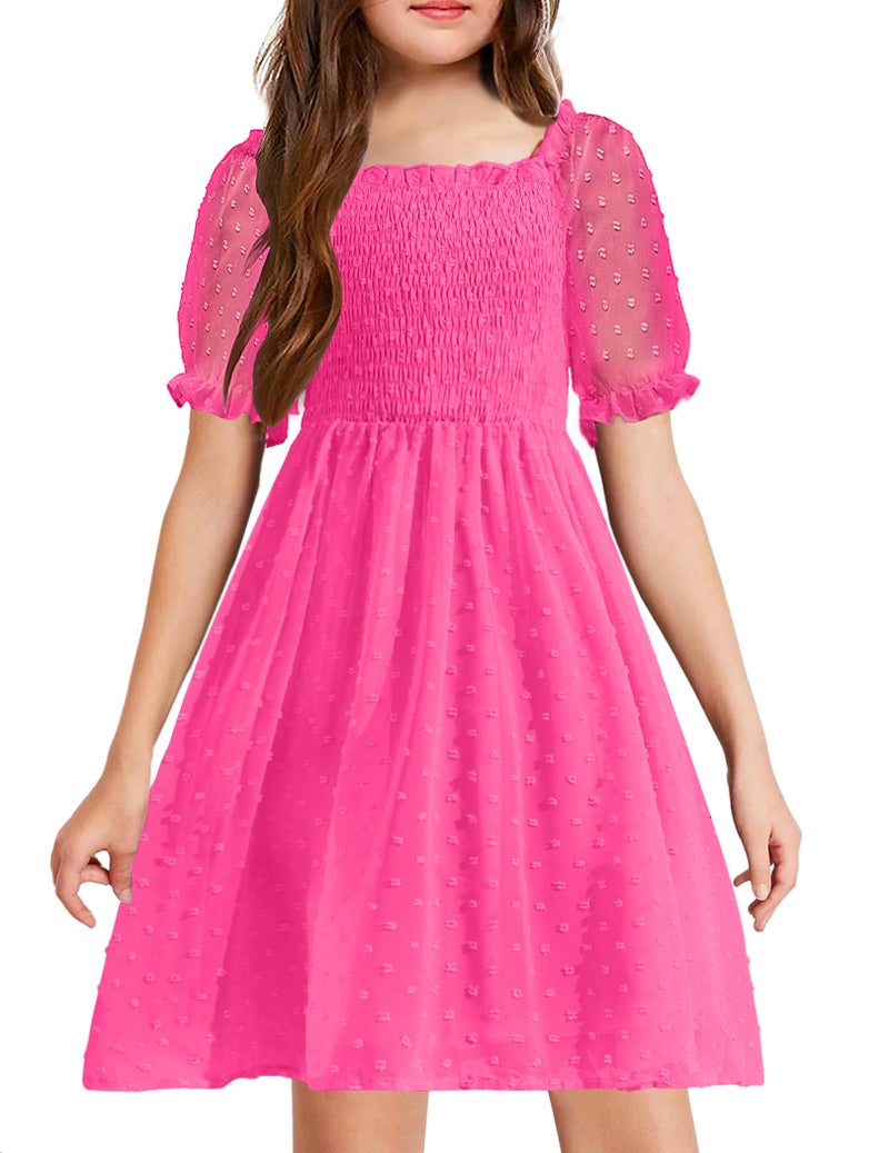 Arshiner Kids Dresses Chiffon Ruffle Short Sleeve Square Neck Summer Birthday Easter Sundress Rose Red 12-13Y - Image 1
