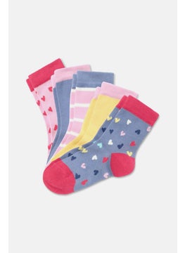 Toddlers Girl 5 Pairs Printed Socks Set, Pink and Ash Blue Combo