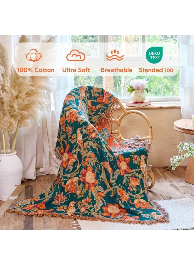 MSGKV Boho Throw Blanket for Bed Twin Size 100% Cotton Floral Bird Blanket 60"x80" Sofa Couch Blankets Muslin Breathable Lightweight Farmhouse Blankets Boho Home Decor All Seasons - Image 2