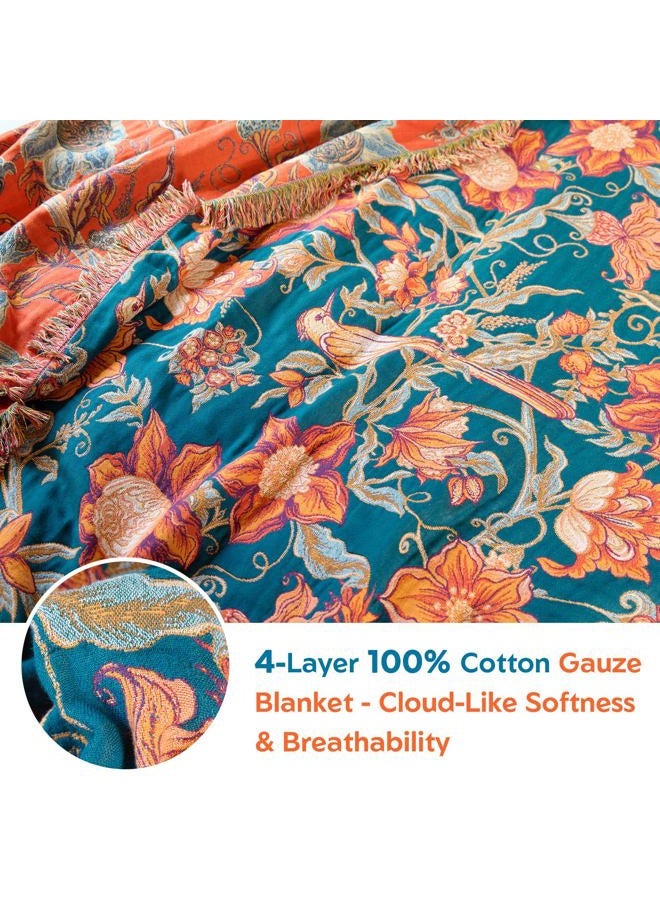 MSGKV Boho Throw Blanket for Bed Twin Size 100% Cotton Floral Bird Blanket 60"x80" Sofa Couch Blankets Muslin Breathable Lightweight Farmhouse Blankets Boho Home Decor All Seasons - Image 4