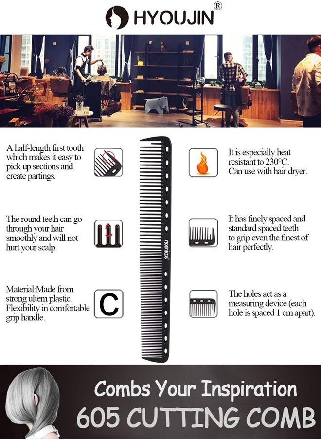 Hyoujin - 605 Black Carbon Fine Cutting Comb 230℃ Heat Resistant Hairdressing Comb Master Barber Comb with fine tooth-14 holes for cutting and hairstyling - Image 1