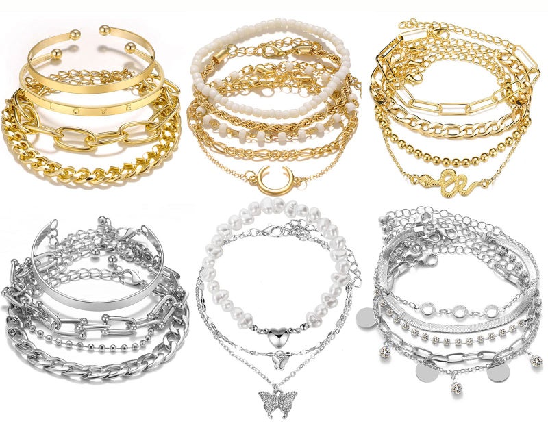 17IF 24 Pcs (7 Pack) Dainty Gold Silver Bracelet Set for Women, Boho Chain Ankle Layered Stackable Link Adjustable Chunky Bangle Jewelry Set (Half) - Image 1