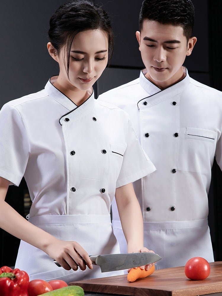 High-end polyester-cotton French chef's clothing short-sleeved chef's uniform summer men's and women's short-sleeved baking cake room western restaurant worker - Image 5