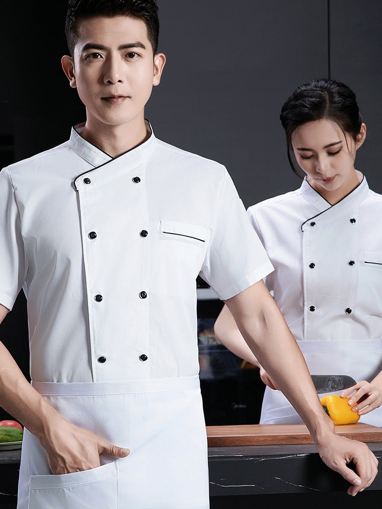 High-end polyester-cotton French chef's clothing short-sleeved chef's uniform summer men's and women's short-sleeved baking cake room western restaurant worker - Image 3