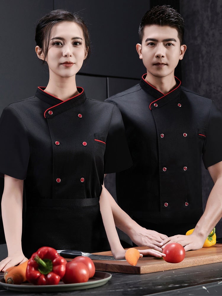 High-end polyester-cotton French chef's clothing short-sleeved chef's uniform summer men's and women's short-sleeved baking cake room western restaurant worker - Image 4