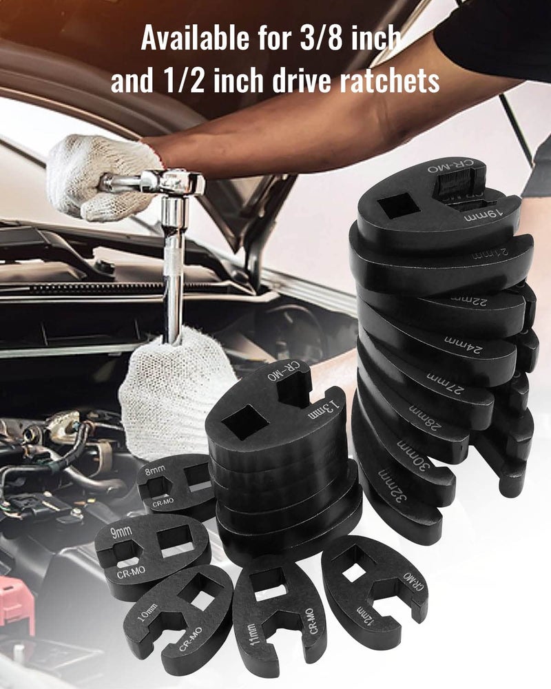 PNYZIK 19 PCS 3/8 Inch and 1/2 Inch Crowfoot Flare Nut Wrench Set Metric 8 to 32mm Sizes, Alloy Steel Crows Foot Wrench Set for Drive Ratchet, Metric Tool with Organizer Box - Image 4