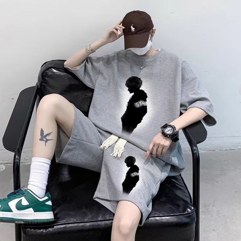 Mens Summer Suit American Fashionable Short-sleeved T-shirt Shorts Two-piece Set Waffles Casual Large Size Set gray [set]]