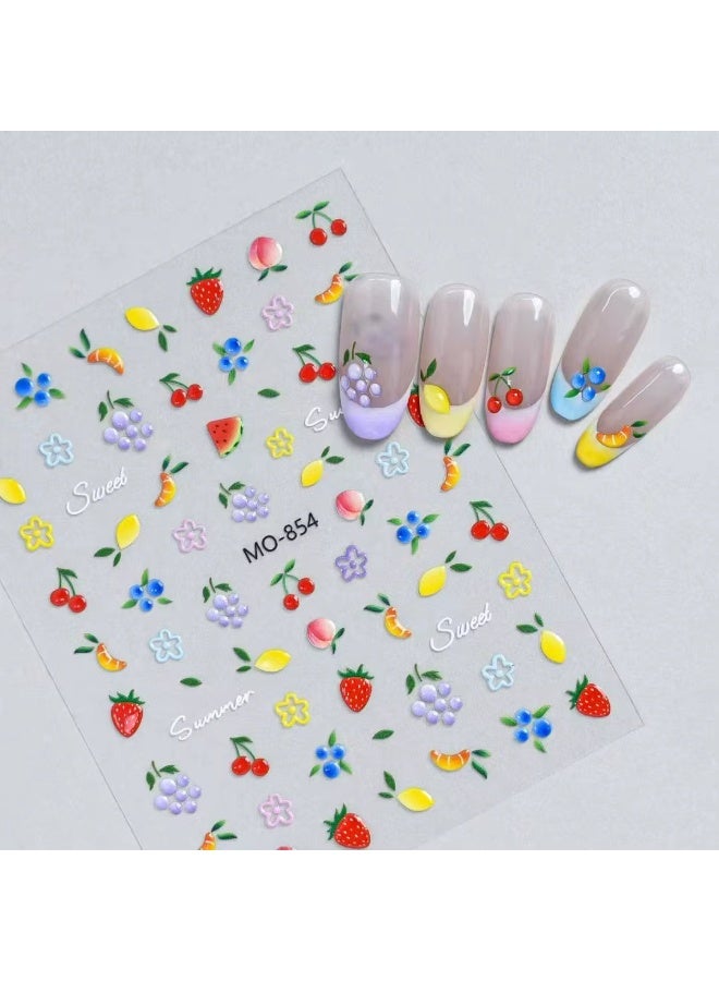 Fruit Nail Stickers – 3D Summer Fruit Nail Art Stickers | Self-Adhesive Colorful Strawberry, Watermelon, Cherry & Mixed Fruit Nail Decals for DIY Manicure | Nail Decorations for Gel, Acrylic & Natural Nails
