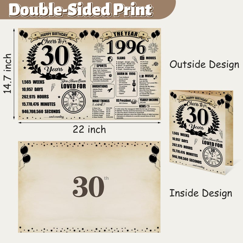 Uiorgui Large 30th Birthday Cards for Men Women, Vintage 1996 Happy 30th Birthday Greeting Card with Envelope Jumbo Thirty Guest Book Cheers to 30 Years Decorations Gifts Party Supplies - Image 2