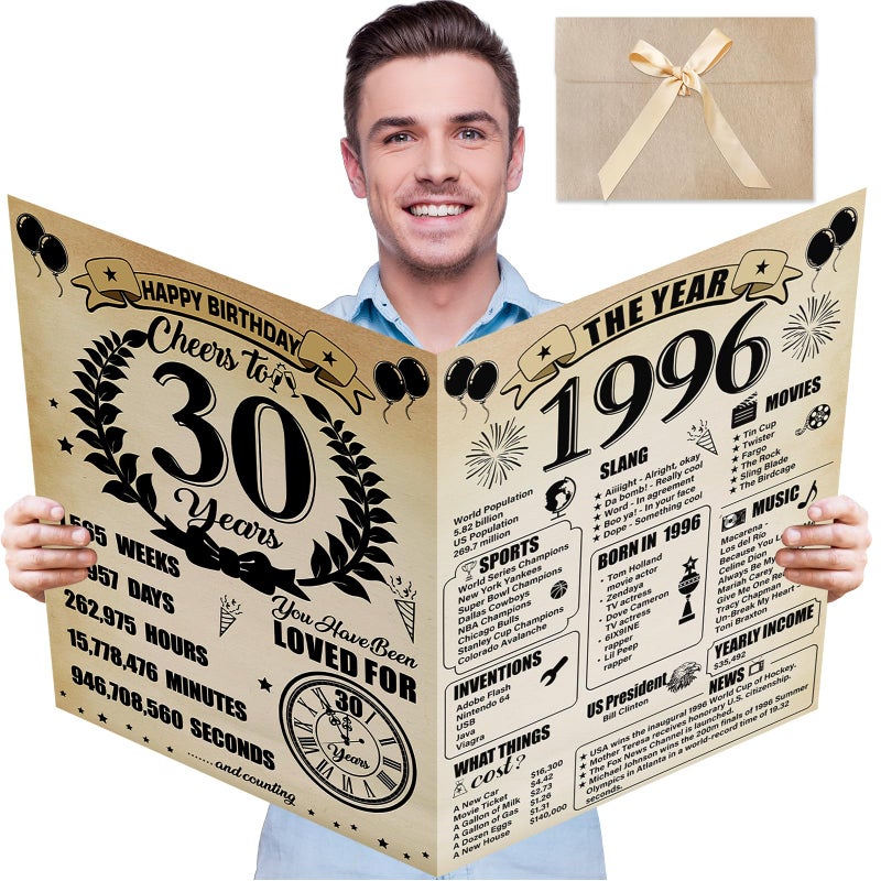 Uiorgui Large 30th Birthday Cards for Men Women, Vintage 1996 Happy 30th Birthday Greeting Card with Envelope Jumbo Thirty Guest Book Cheers to 30 Years Decorations Gifts Party Supplies - Image 1