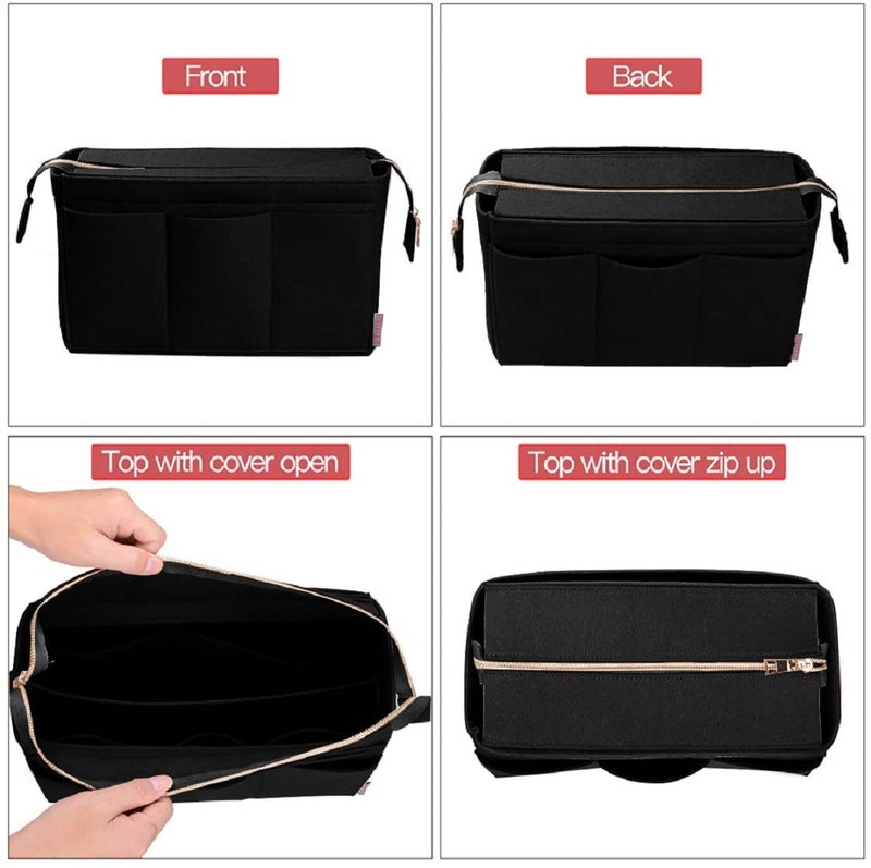 GREENSHEEP Women Felt Purse Organizer with Detachable Zipper Cover Storage Bag for Handbag, Tote Bag, Glasses, Keys- Slender Medium, Black - Image 3