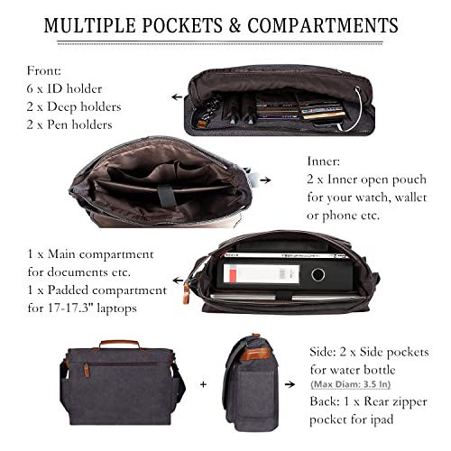 ESTARER Laptop Messenger Bag 17-17.3 Inch Water-resistant Canvas Shoulder Bag for Work College, Grey - Image 5
