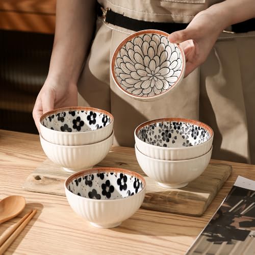 FLAVION Japanese Style Ceramic Dinnerware Set – 6-Piece Hand-Painted Bowls and Plates Gift Set | Microwave & Dishwasher Safe (Multi Pattern, Pack of 6) - Image 4
