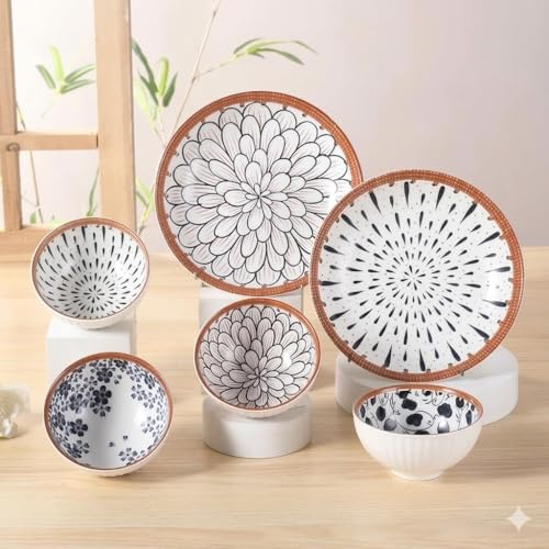 FLAVION Japanese Style Ceramic Dinnerware Set – 6-Piece Hand-Painted Bowls and Plates Gift Set | Microwave & Dishwasher Safe (Multi Pattern, Pack of 6) - Image 1