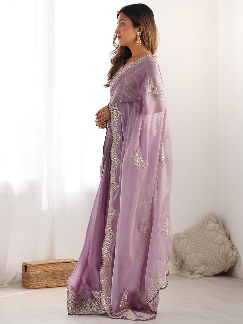 Satrani Women's Tissue Silk Jimmy Choo Sequin Embroidered Saree with Unstitched Blouse Piece (4218S6635NB_Purple) - Image 2