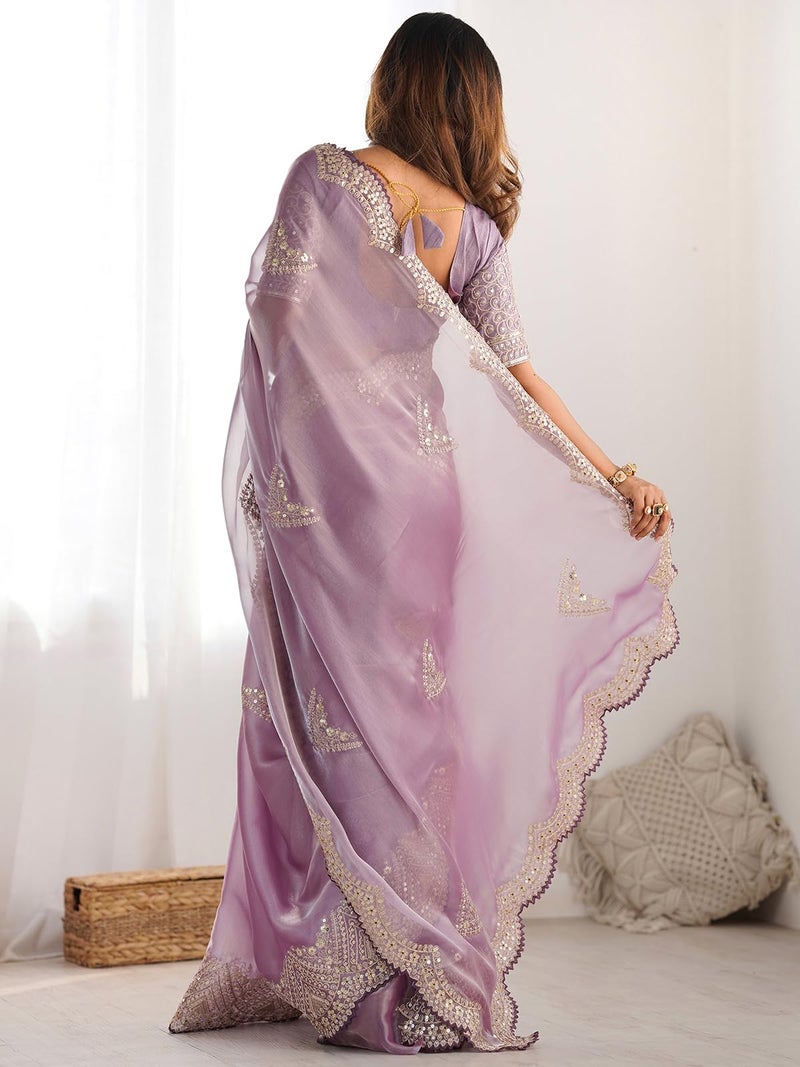 Satrani Women's Tissue Silk Jimmy Choo Sequin Embroidered Saree with Unstitched Blouse Piece (4218S6635NB_Purple) - Image 3