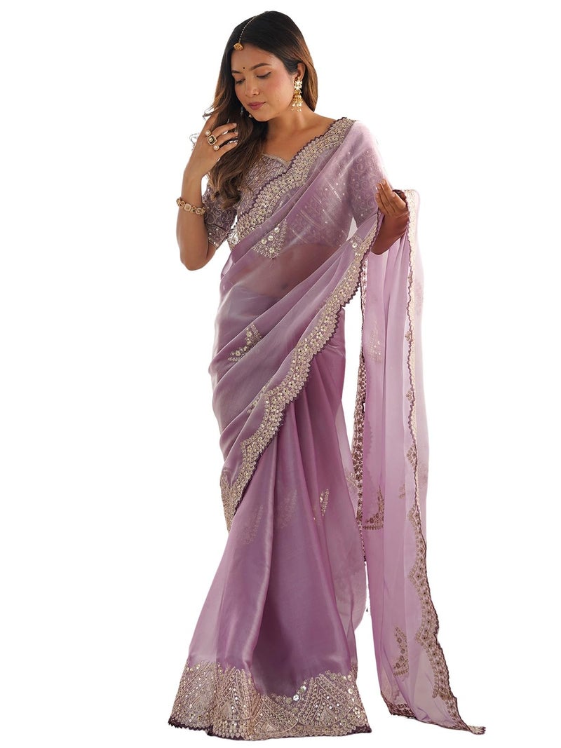 Satrani Women's Tissue Silk Jimmy Choo Sequin Embroidered Saree with Unstitched Blouse Piece (4218S6635NB_Purple) - Image 1
