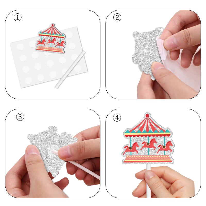 LETLIMIT 18pcs Red Glitter Fireworks Dessert Cupcake Topper Clown Hot Air Balloon Circus Tent Carnival Theme Decor Supplies Baby Girl Boy Happy Birthday Party Decorations  - Image 4