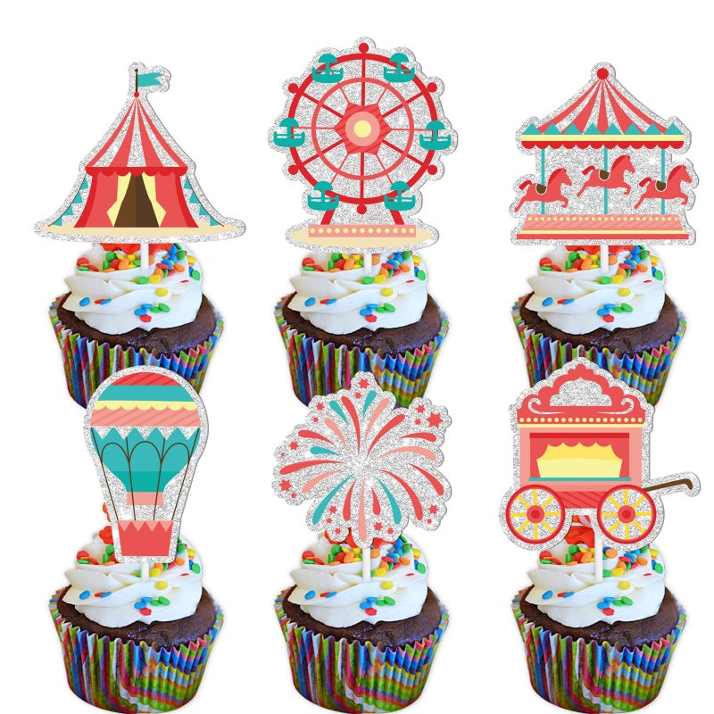 LETLIMIT 18pcs Red Glitter Fireworks Dessert Cupcake Topper Clown Hot Air Balloon Circus Tent Carnival Theme Decor Supplies Baby Girl Boy Happy Birthday Party Decorations  - Image 1