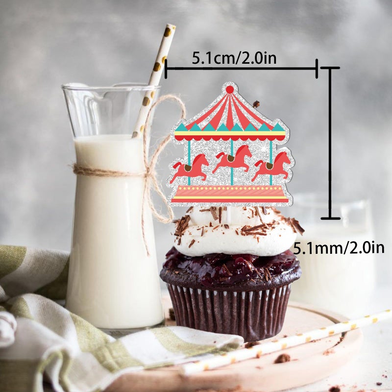 LETLIMIT 18pcs Red Glitter Fireworks Dessert Cupcake Topper Clown Hot Air Balloon Circus Tent Carnival Theme Decor Supplies Baby Girl Boy Happy Birthday Party Decorations  - Image 2