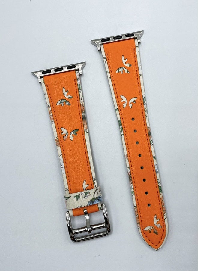 بيوينتي ساعة أبل iWatch 6/7/8 مع حزام جلد بطبعة فراشة 42/44/45/49 مم باللون البرتقالي