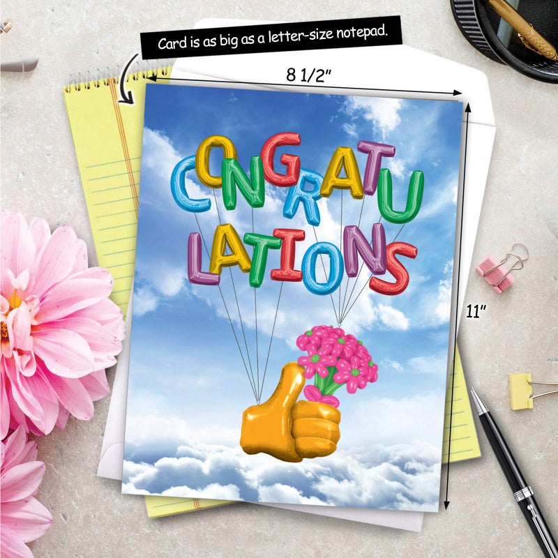 NobleWorks - 1 Jumbo Congratulations Notecard w/Envelope (Big 8.5 x 11 Inch) Colorful Recognition for Graduation, Work, Newborn Baby - Stationery From All of Us - Thumbs-Up Balloons J6341CGG-US - Image 3