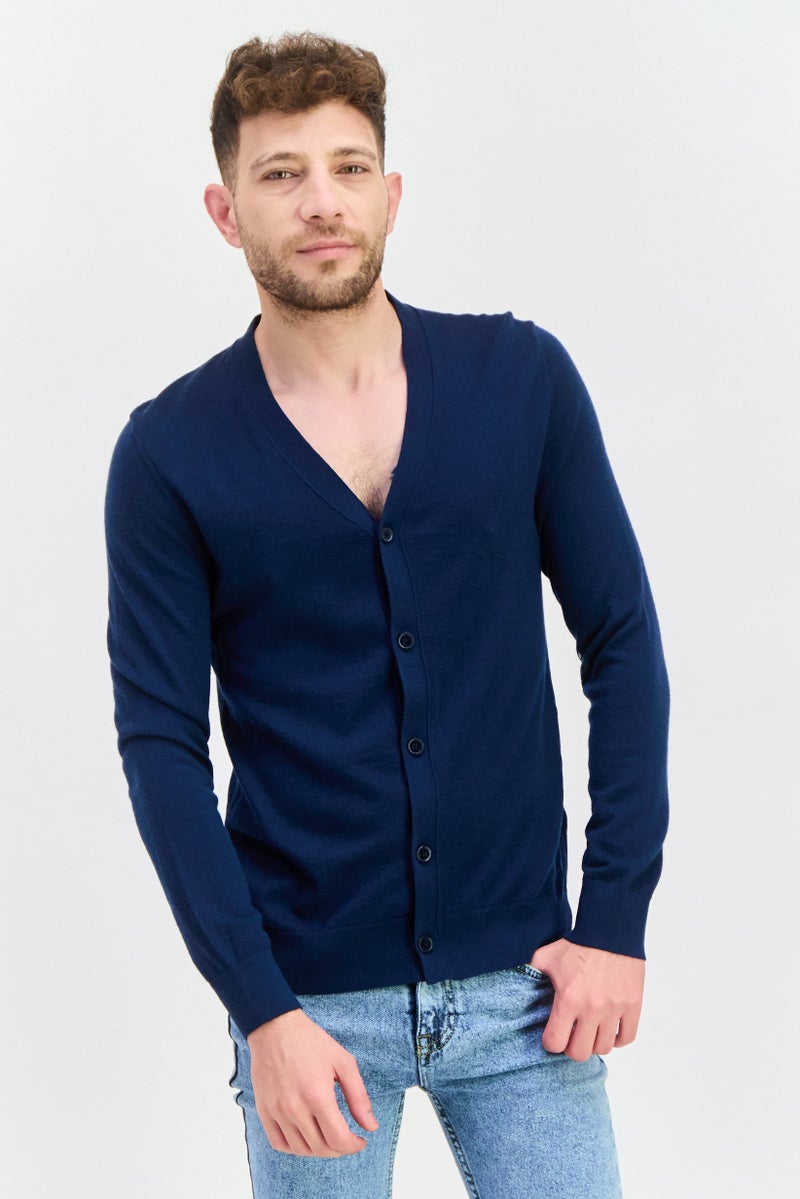 SELECTED Men V-Neck Textured Cardigan, Teal Green - Image 1