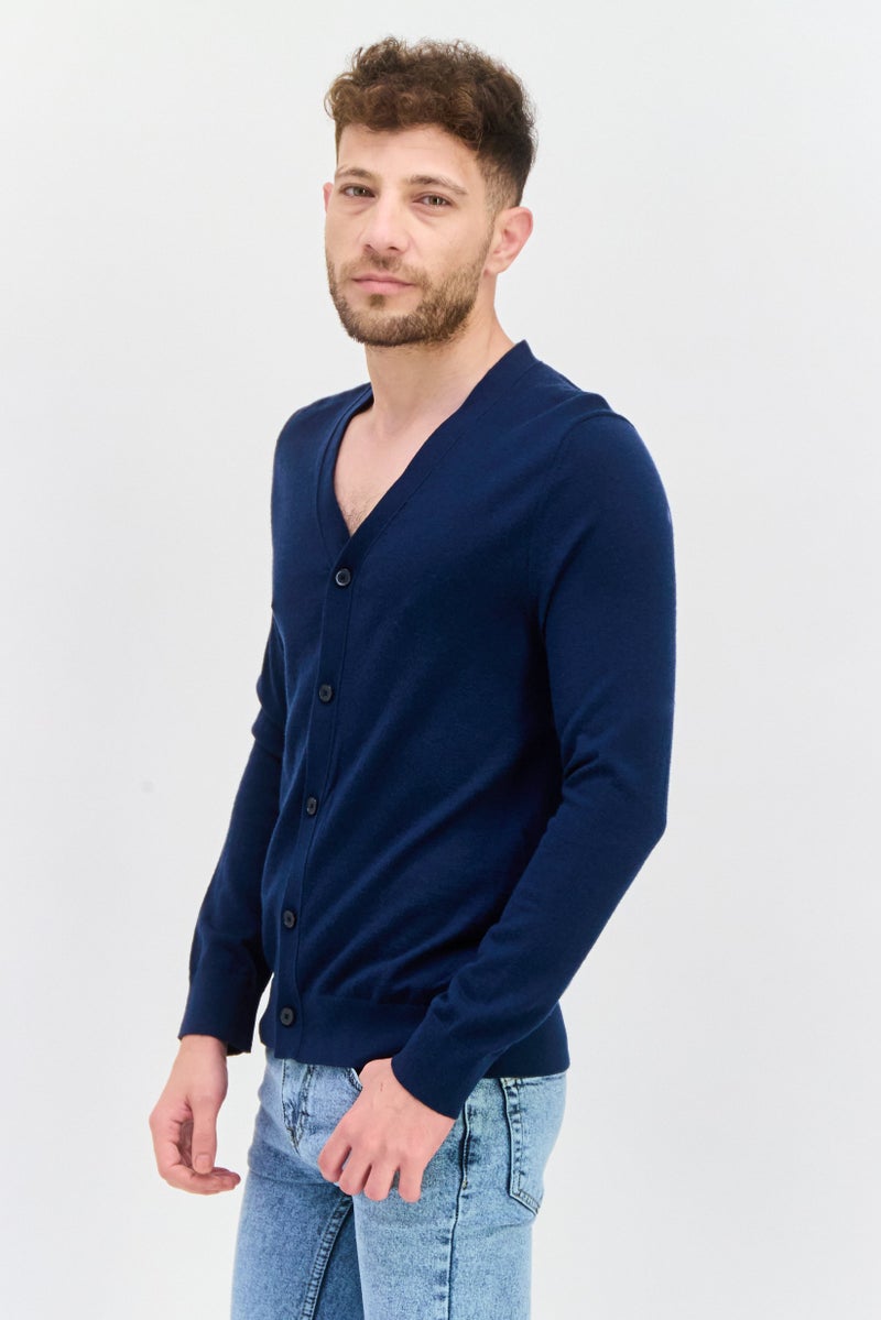 SELECTED Men V-Neck Textured Cardigan, Teal Green - Image 3