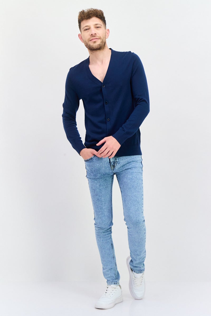 SELECTED Men V-Neck Textured Cardigan, Teal Green - Image 2