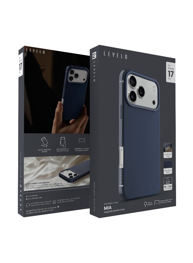 LEVELO iPhone 17 Pro Max MagSafe Case Cuir With Comfortable Grip & Premium PU Leather / Shock-Resistant Bumper / Aluminum Alloy Frame for Camera & Buttons / Strong Magnets - Midnight Blue - Image 3