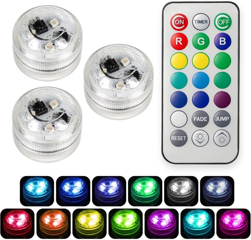 3 Pack RGB Submersible LED Lights, IP68, 21-Key Timer Remote Control Set - Image 1