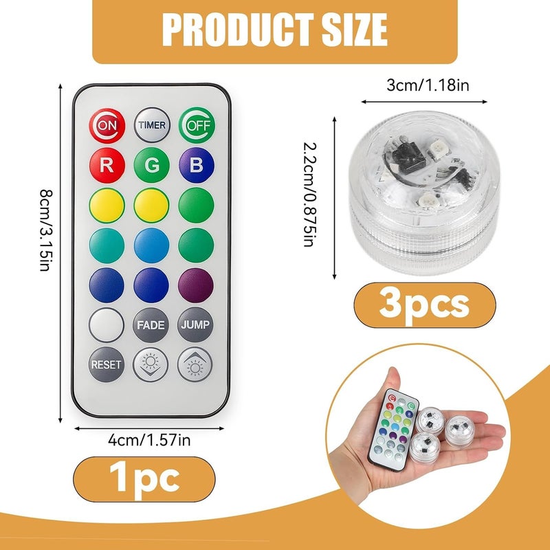 3 Pack RGB Submersible LED Lights, IP68, 21-Key Timer Remote Control Set - Image 2