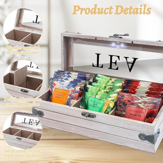 كاست ويف منظم أكياس الشاي الخشبي، 3 حجرات تخزين، صندوق تخزين الشاي مع غطاء زجاجي، حامل أكياس الشاي، محطة عرض لطاولة المطبخ، هدايا لمحبي الشاي - Image 3