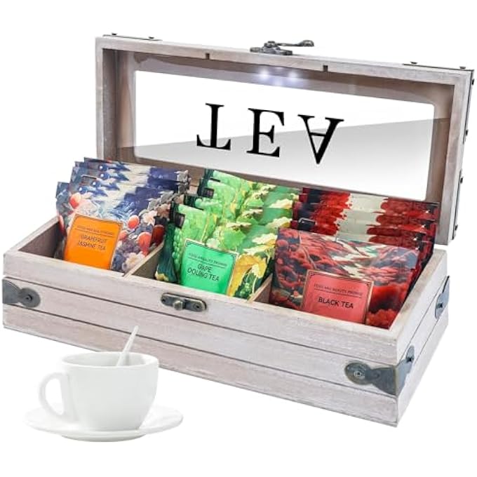 كاست ويف منظم أكياس الشاي الخشبي، 3 حجرات تخزين، صندوق تخزين الشاي مع غطاء زجاجي، حامل أكياس الشاي، محطة عرض لطاولة المطبخ، هدايا لمحبي الشاي - Image 2