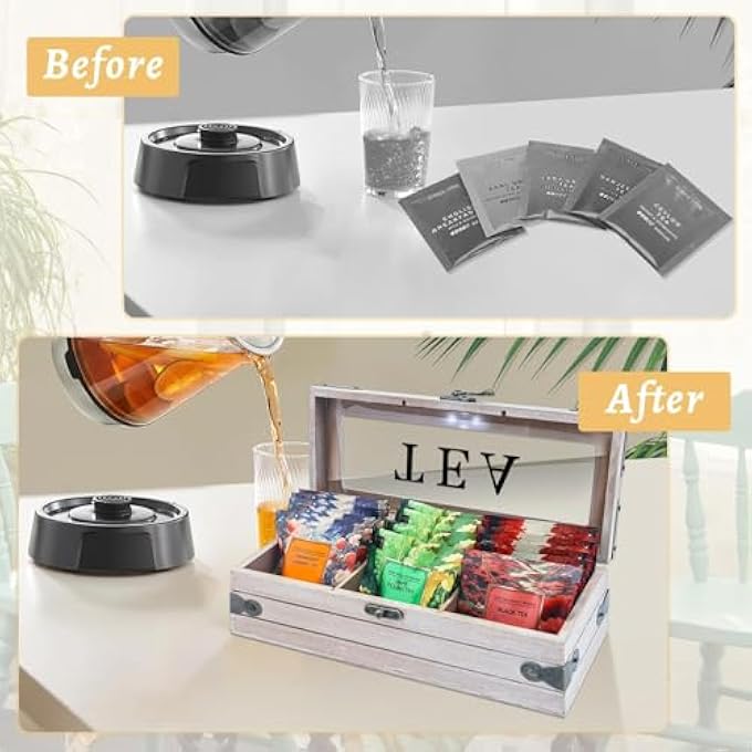 كاست ويف منظم أكياس الشاي الخشبي، 3 حجرات تخزين، صندوق تخزين الشاي مع غطاء زجاجي، حامل أكياس الشاي، محطة عرض لطاولة المطبخ، هدايا لمحبي الشاي - Image 5