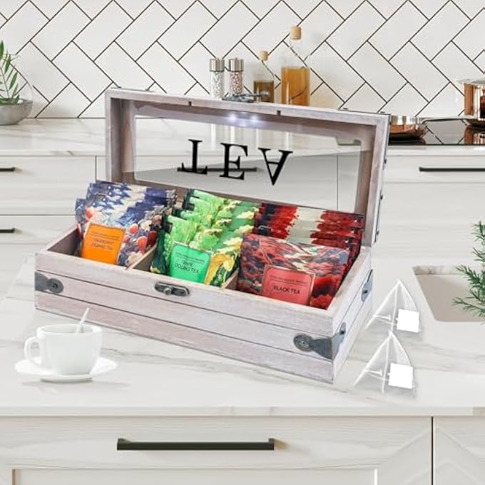 كاست ويف منظم أكياس الشاي الخشبي، 3 حجرات تخزين، صندوق تخزين الشاي مع غطاء زجاجي، حامل أكياس الشاي، محطة عرض لطاولة المطبخ، هدايا لمحبي الشاي - Image 4