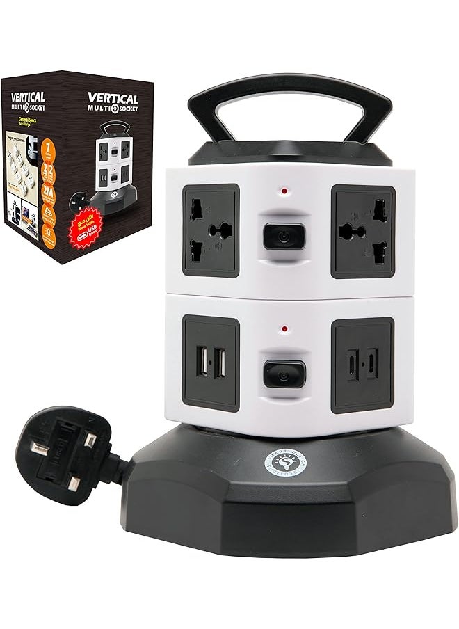 Smart Design Solutions Smart Design Solutions Tower Universal Extension Cord Power Station, All-in-one Extension Plug Solution, Vertical Multi-plug Usb Power Strip, Usb C Hub, With 2m Extension Lead Cable  - Image 1